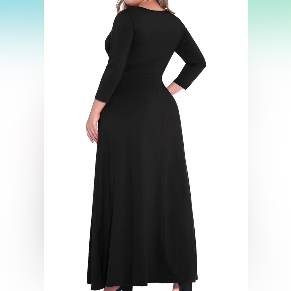 Women's Solid V-Neck 3/4 Sleeve Plus Size Evening Party Maxi Dress - Picture 2 of 4